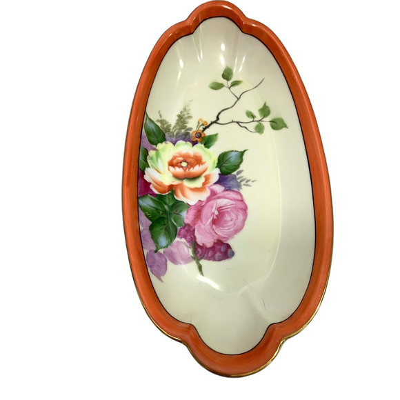 Nippon Vintage Floral Celery Dish & 6 Salt Dishes Orange Gold Trim Japan - Picture 2 of 9